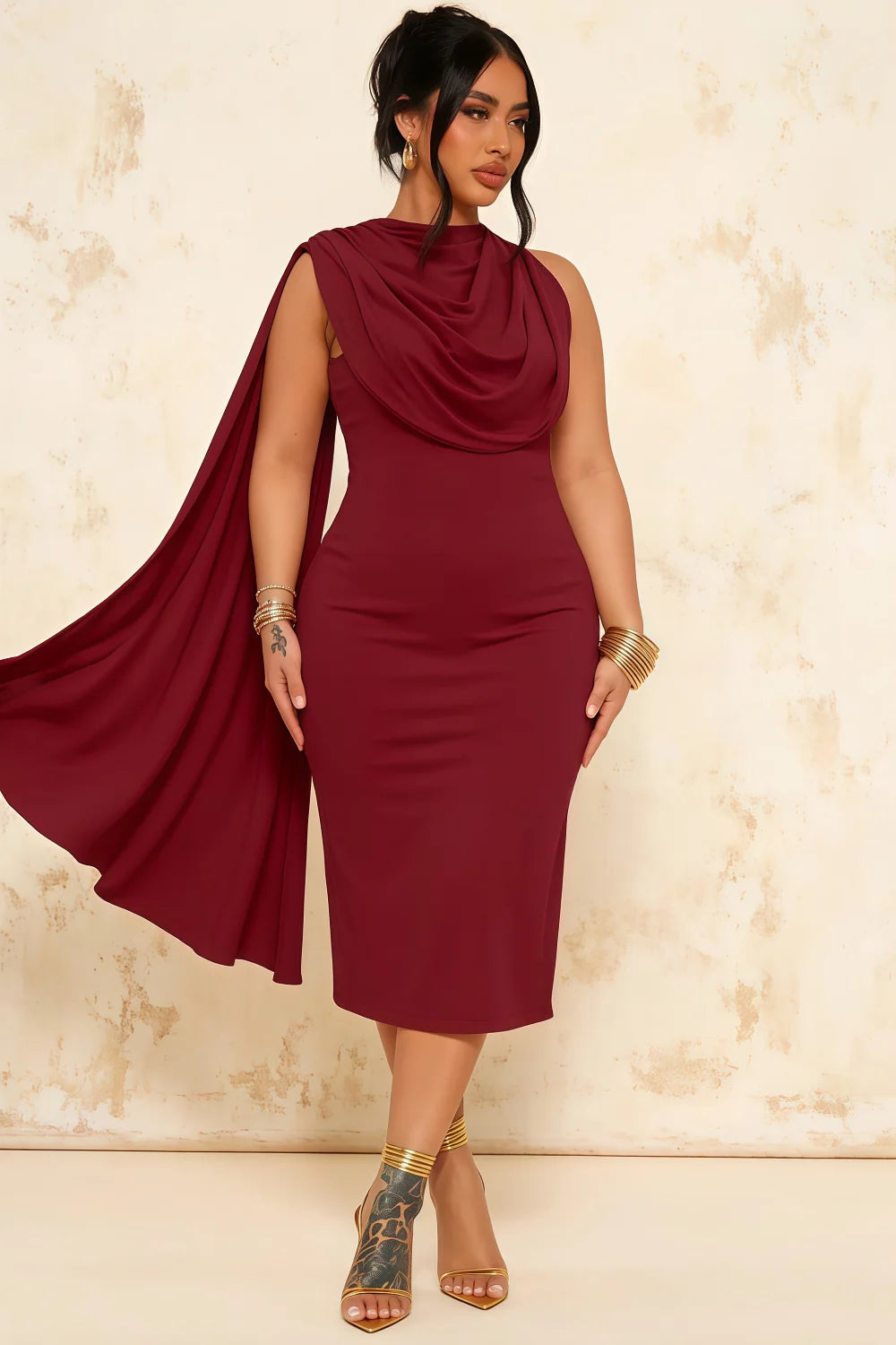 Gretchen Burgundy High Neck Satin Midi Dress with Cape Detail