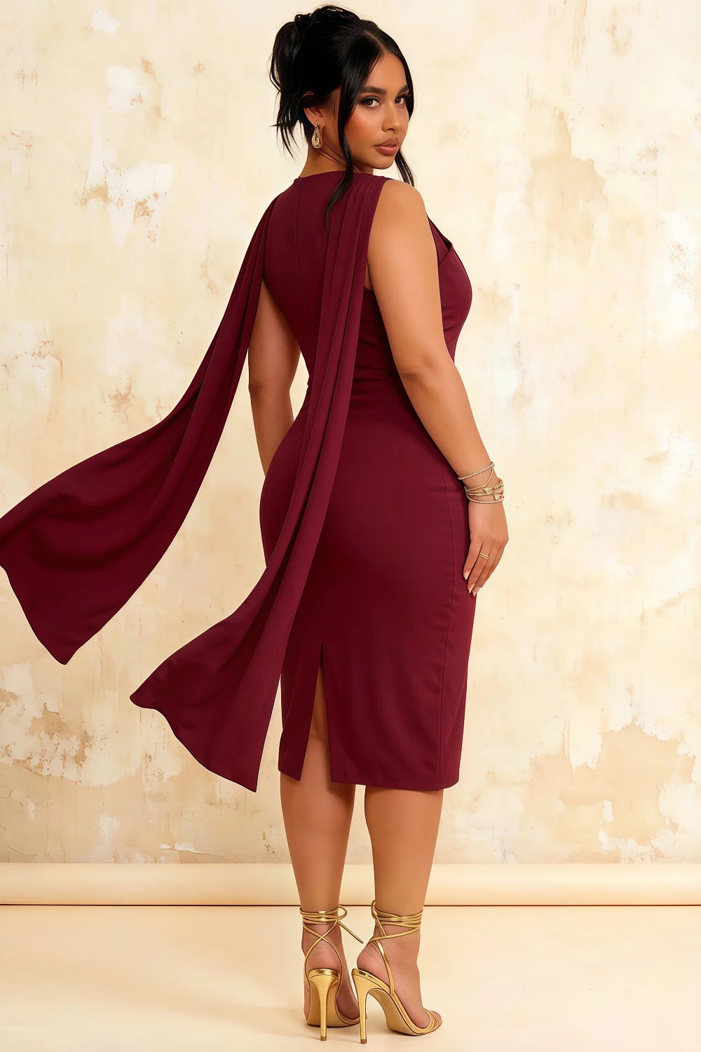 Gretchen Burgundy High Neck Satin Midi Dress with Cape Detail