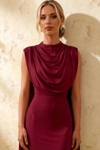 Gretchen Burgundy High Neck Satin Midi Dress with Cape Detail