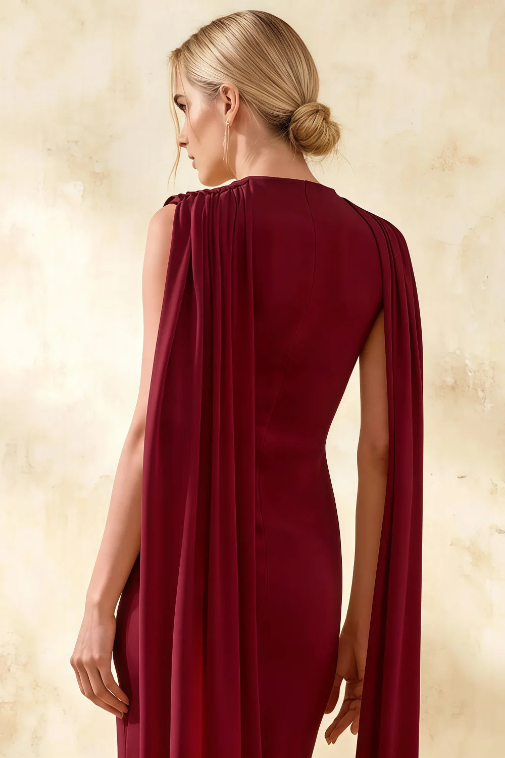 Gretchen Burgundy High Neck Satin Midi Dress with Cape Detail