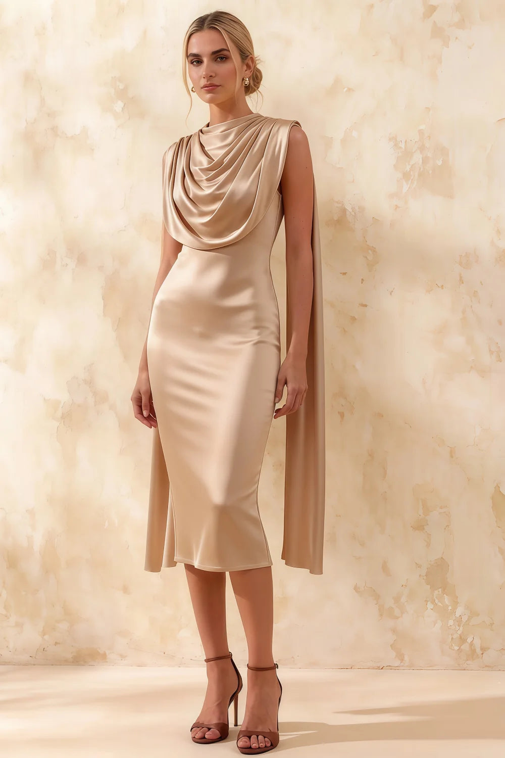 Gretchen Champagne High Neck Midi Dress with Cape Detail Main image