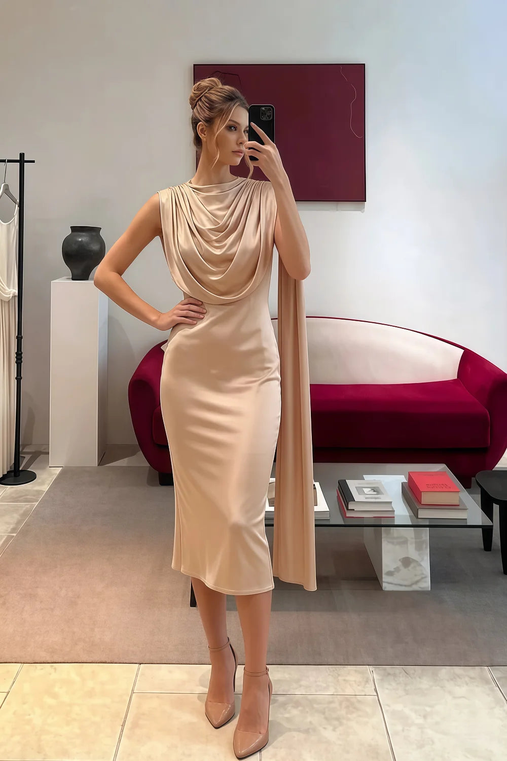 Gretchen Champagne High Neck Midi Dress with Cape Detail