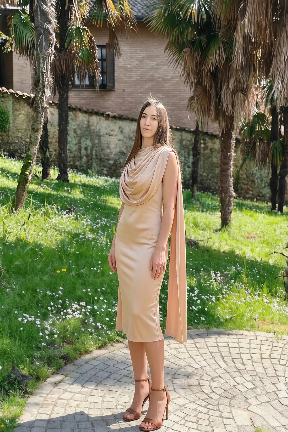 Gretchen Champagne High Neck Midi Dress with Cape Detail