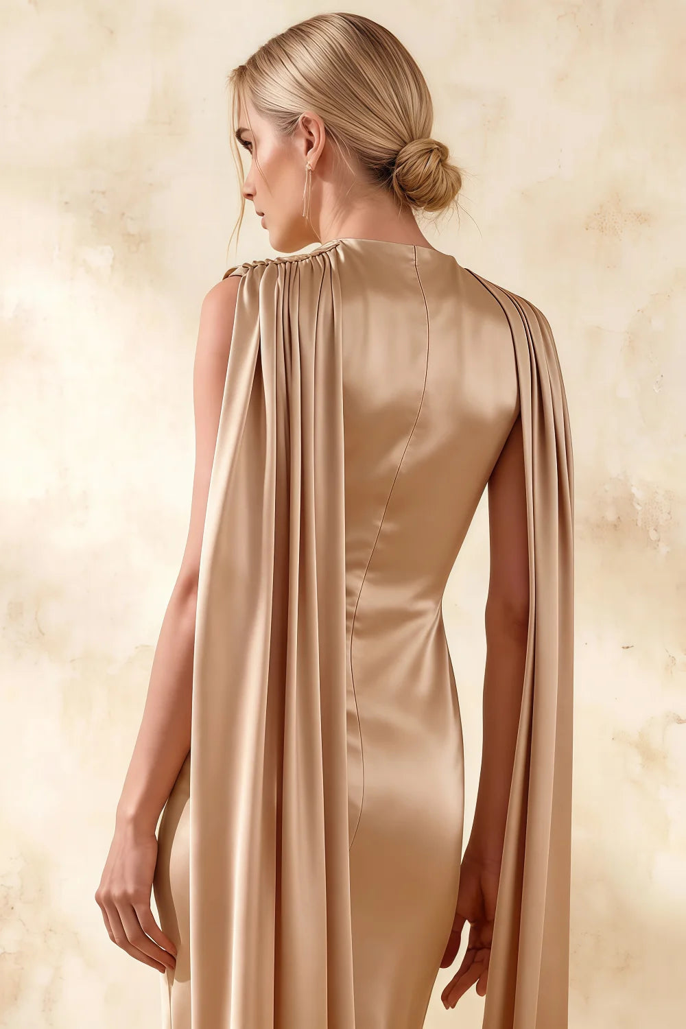 Gretchen Champagne High Neck Midi Dress with Cape Detail