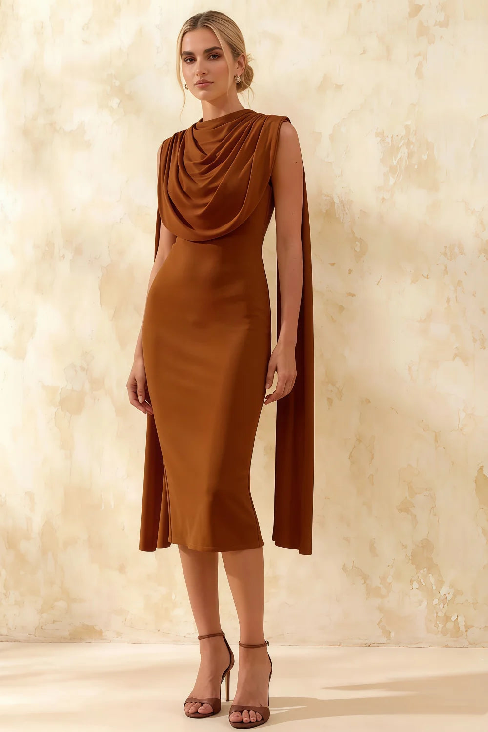 Gretchen Chocolate High Neck Sleeveless Midi Dress with Cape