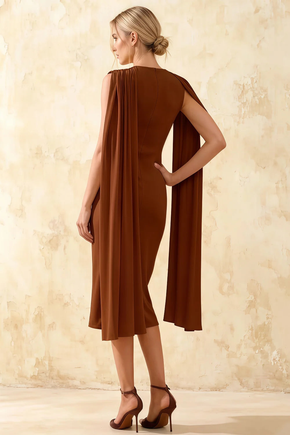 Gretchen Chocolate High Neck Sleeveless Midi Dress with Cape