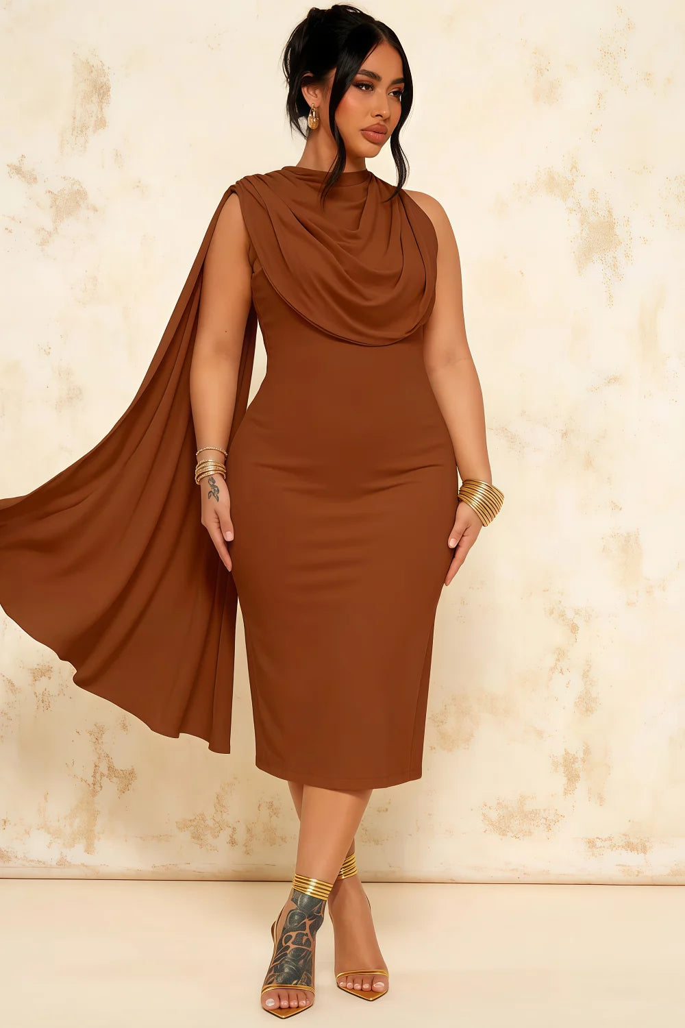 Gretchen Chocolate High Neck Sleeveless Midi Dress with Cape
