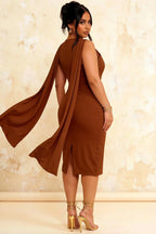 Gretchen Chocolate High Neck Sleeveless Midi Dress with Cape