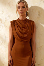 Gretchen Chocolate High Neck Sleeveless Midi Dress with Cape