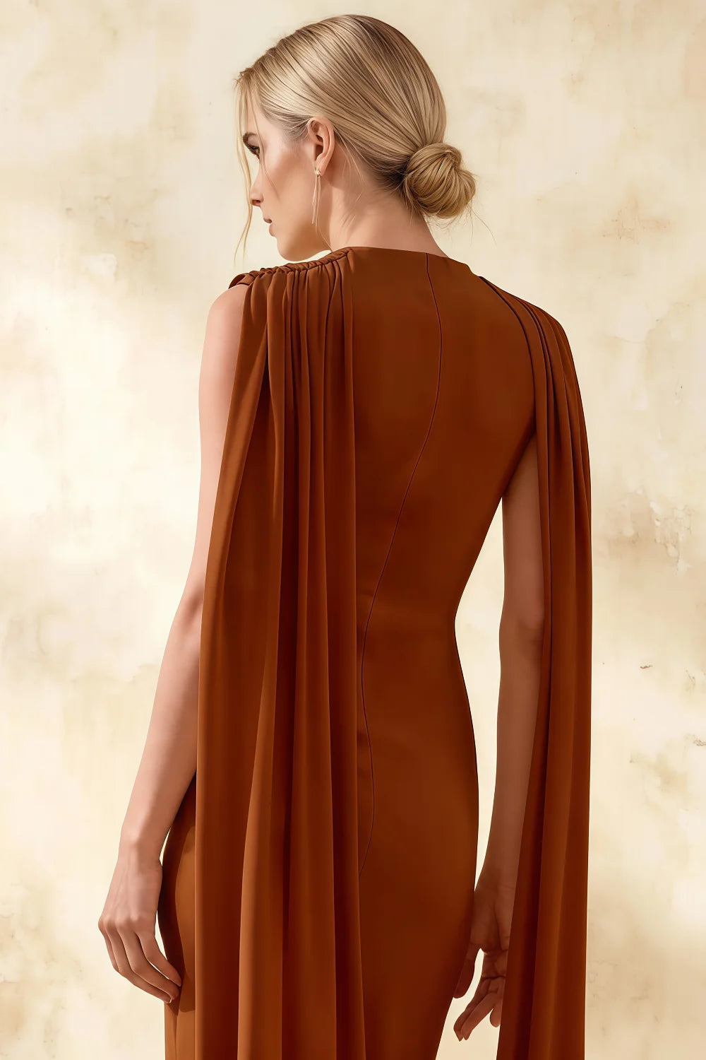 Gretchen Chocolate High Neck Sleeveless Midi Dress with Cape