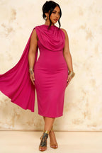 Gretchen Fuchsia High Neck Dresses Midi with Cape Detail