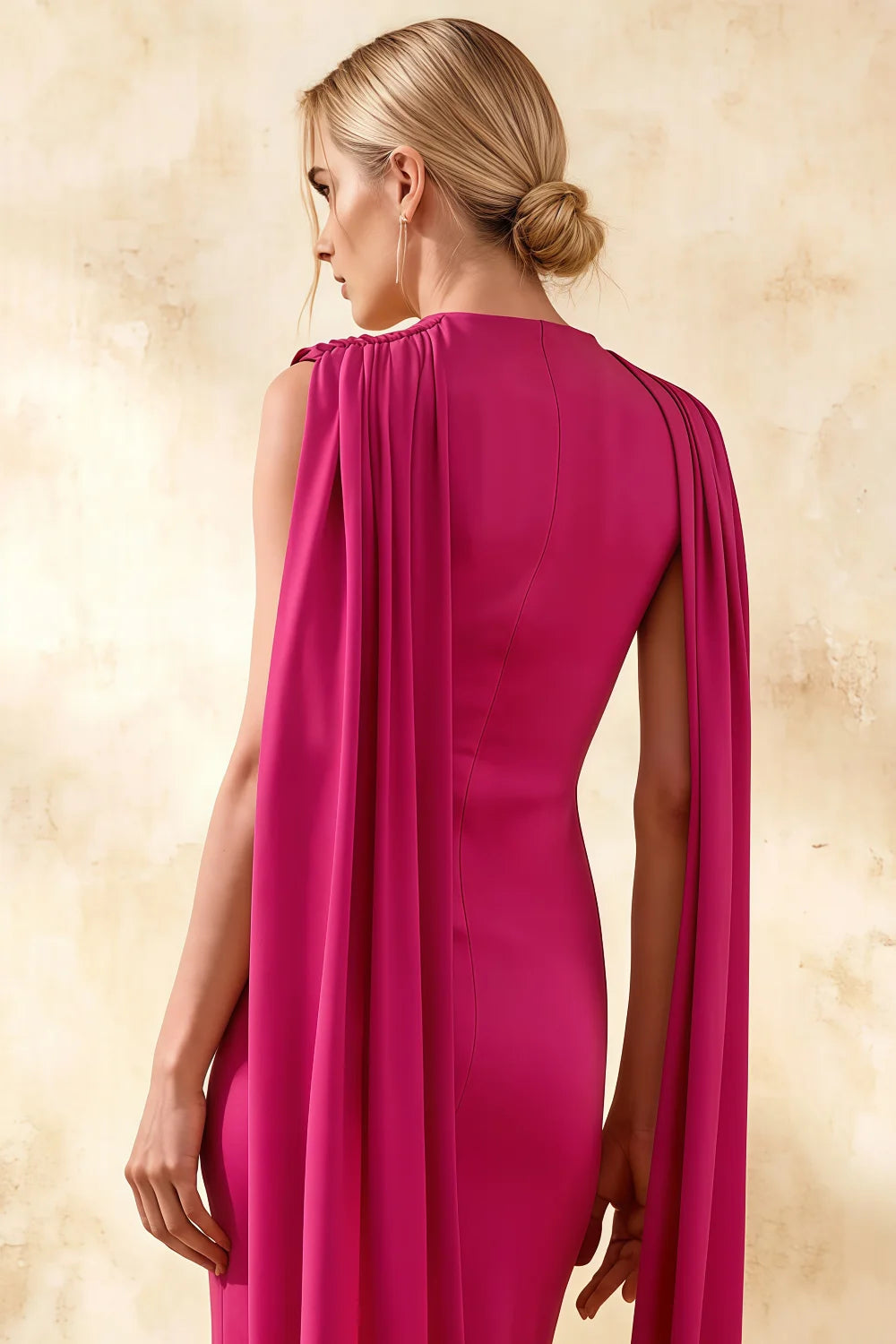 Gretchen Fuchsia High Neck Dresses Midi with Cape Detail