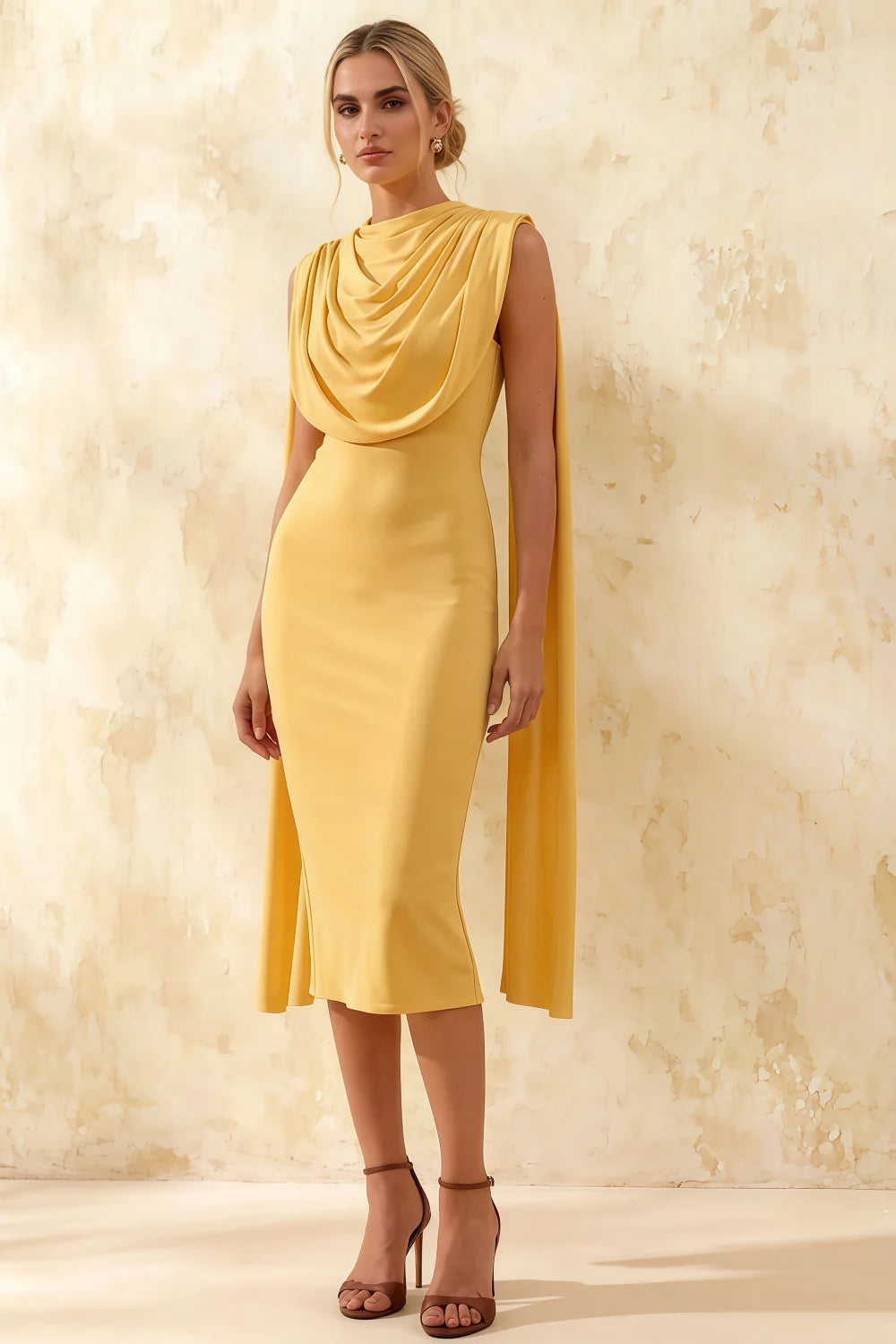 Gretchen Golden High Neck Midi Dress Wedding Guest Main image