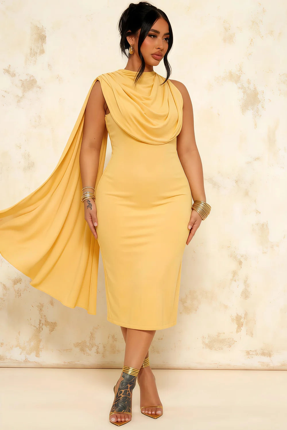 Gretchen Golden High Neck Midi Dress Wedding Guest