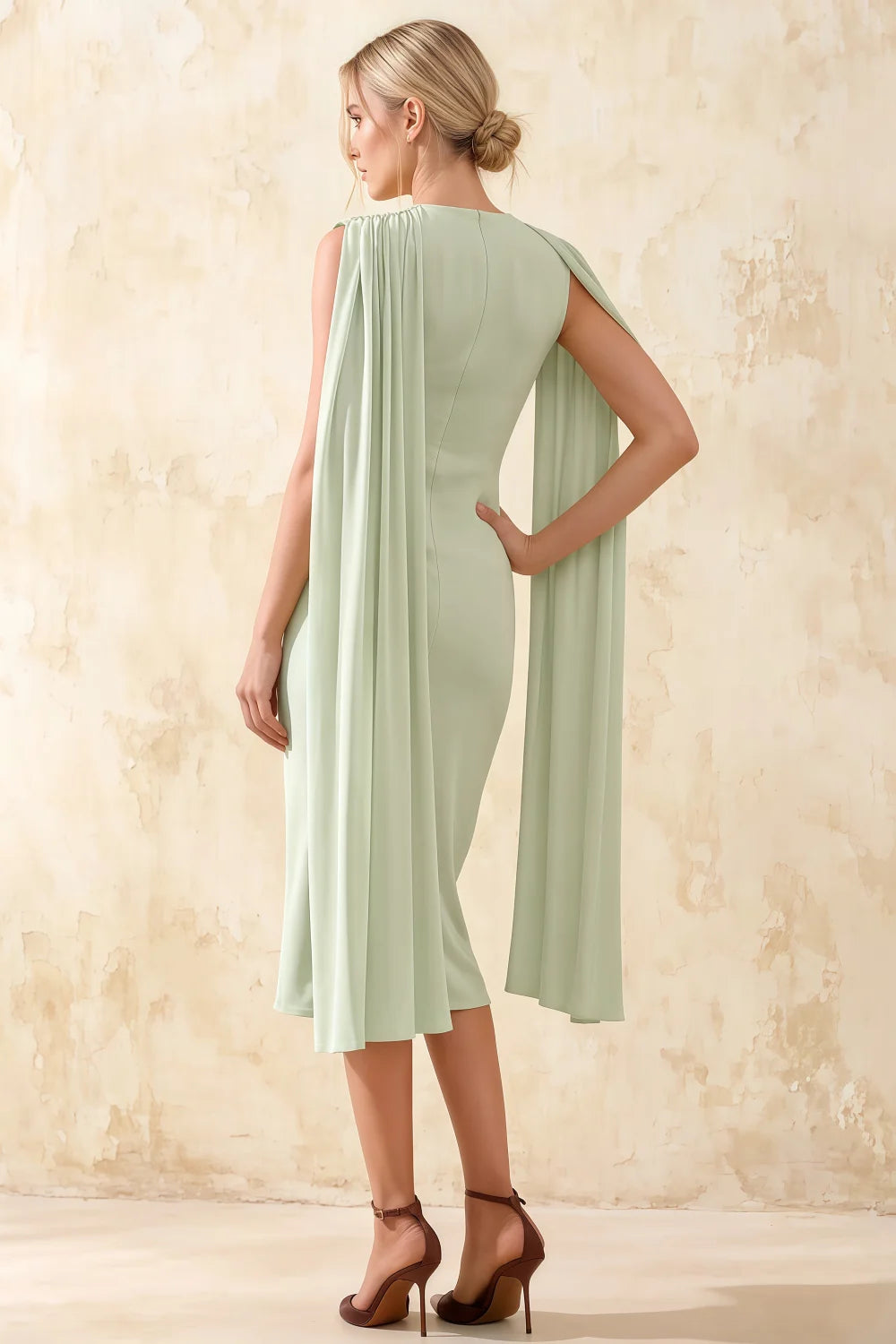 Gretchen Mint High Neck Bodycon Dress Midi with Cape Detail
