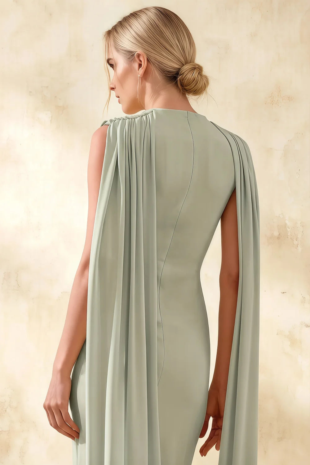Gretchen Mint High Neck Bodycon Dress Midi with Cape Detail