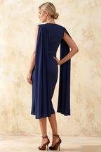 Gretchen Navy Blue High Neck Bodycon Midi Dress with Cape