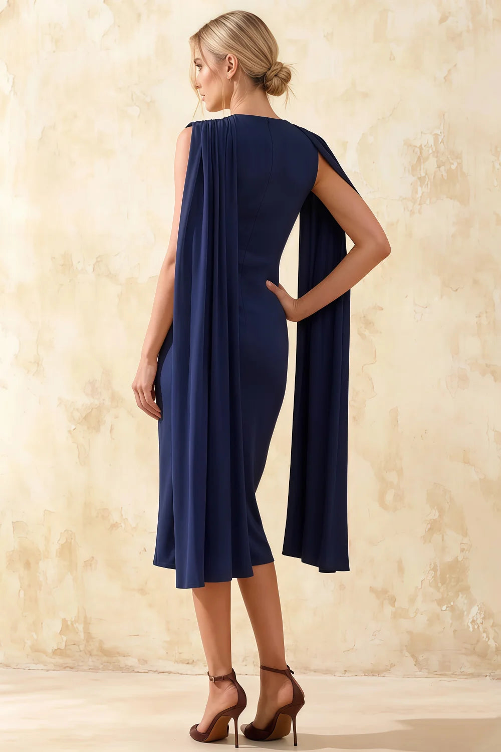 Gretchen Navy Blue High Neck Bodycon Midi Dress with Cape