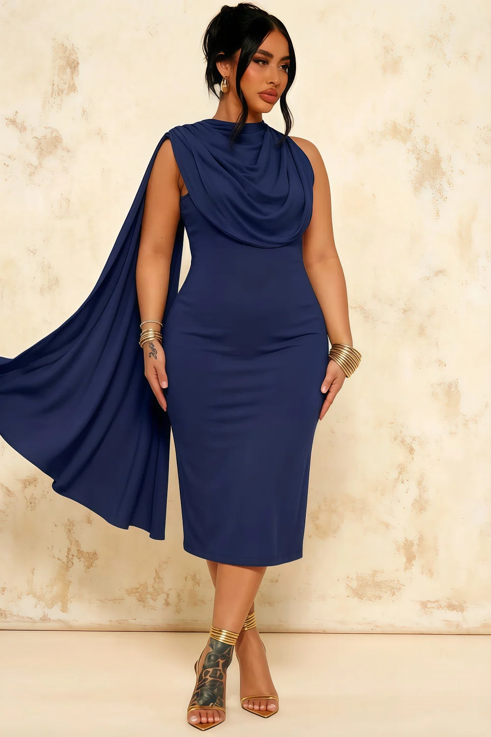 Gretchen Navy Blue High Neck Bodycon Midi Dress with Cape