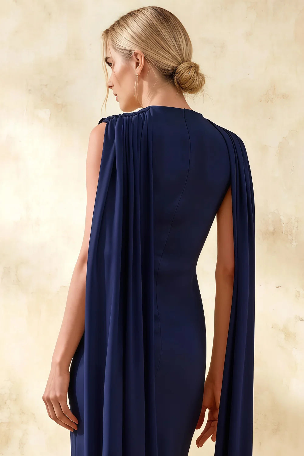 Gretchen Navy Blue High Neck Bodycon Midi Dress with Cape