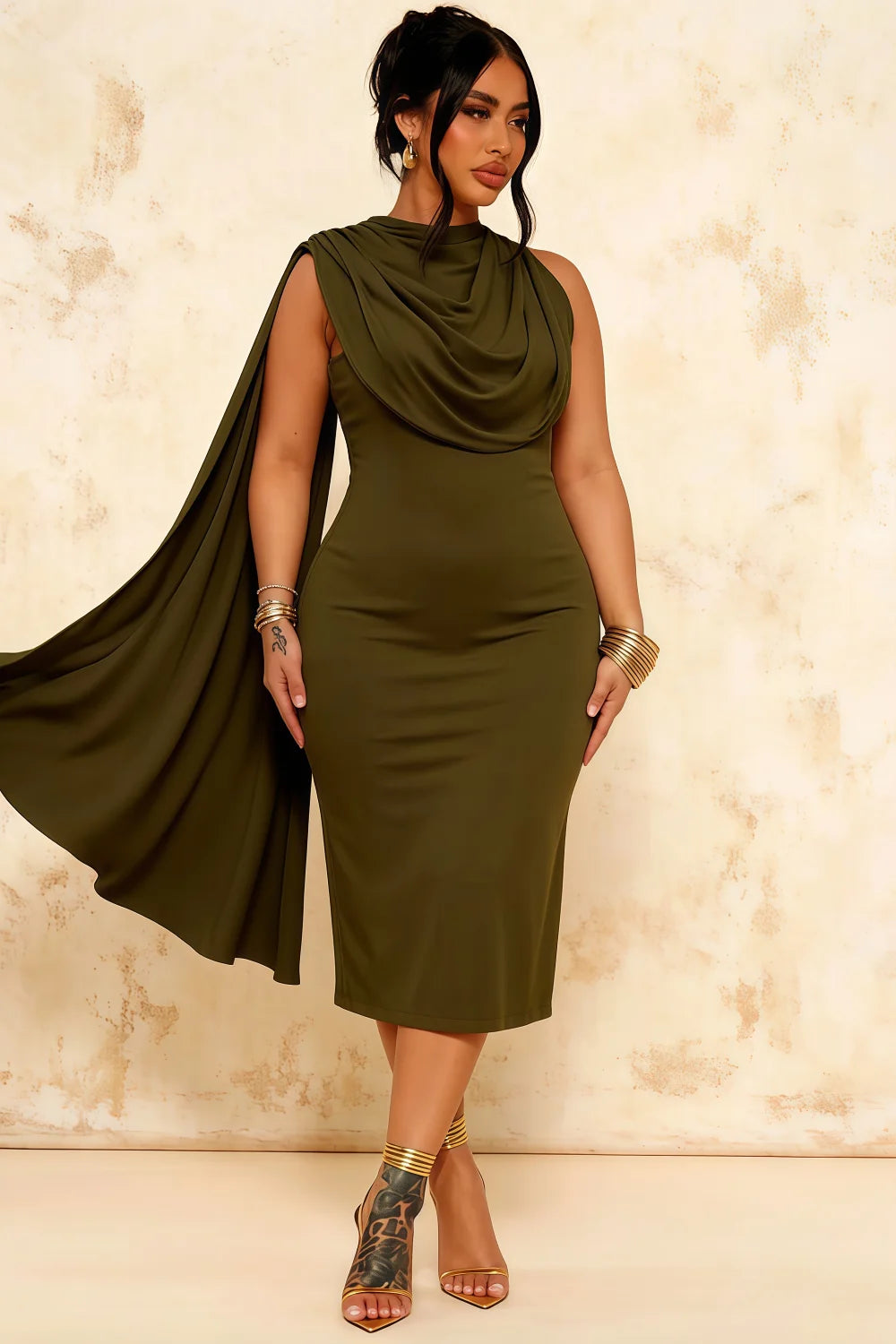 Gretchen Olive Green High Neck Draped Midi Dress Main image