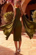 Gretchen Olive Green High Neck Draped Midi Dress