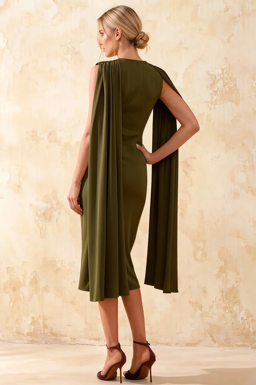 Gretchen Olive Green High Neck Draped Midi Dress