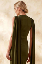 Gretchen Olive Green High Neck Draped Midi Dress