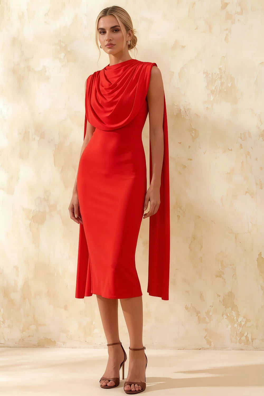Gretchen Red High Neck Midi Dress Casual | Elegant Cape Dress Main image