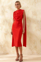 Gretchen Red High Neck Midi Dress Casual | Elegant Cape Dress
