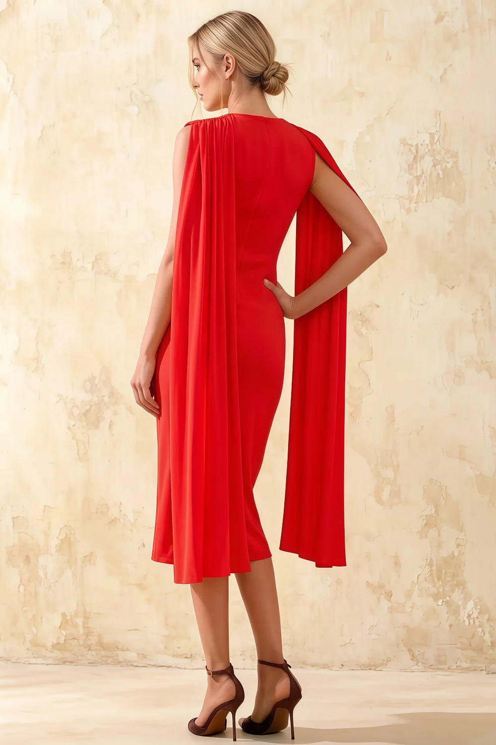 Gretchen Red High Neck Midi Dress Casual | Elegant Cape Dress