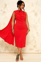 Gretchen Red High Neck Midi Dress Casual | Elegant Cape Dress