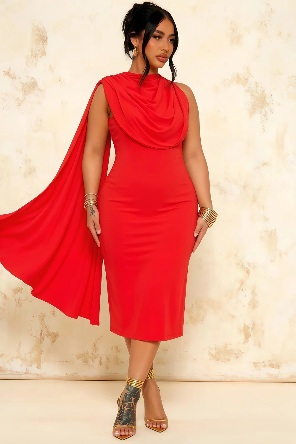 Gretchen Red High Neck Midi Dress Casual | Elegant Cape Dress