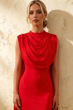 Gretchen Red High Neck Midi Dress Casual | Elegant Cape Dress