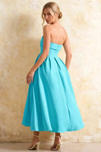 Gwen Aqua Midi Strapless Dress | Elegant Pleated Party Gown