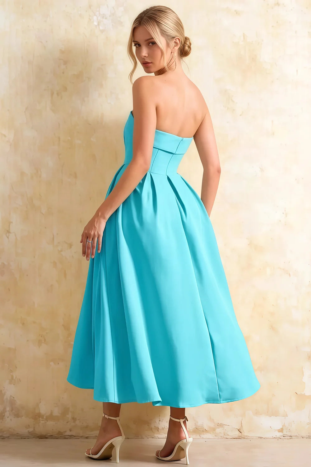Gwen Aqua Midi Strapless Dress | Elegant Pleated Party Gown