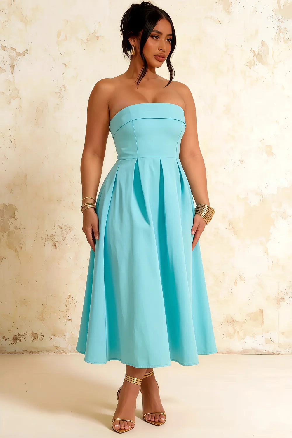 Gwen Aqua Midi Strapless Dress | Elegant Pleated Party Gown