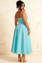 Gwen Aqua Midi Strapless Dress | Elegant Pleated Party Gown