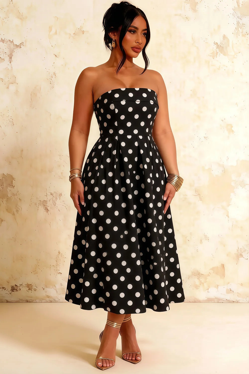 Vestido midi Gwen Tate sin tirantes negro de lunares