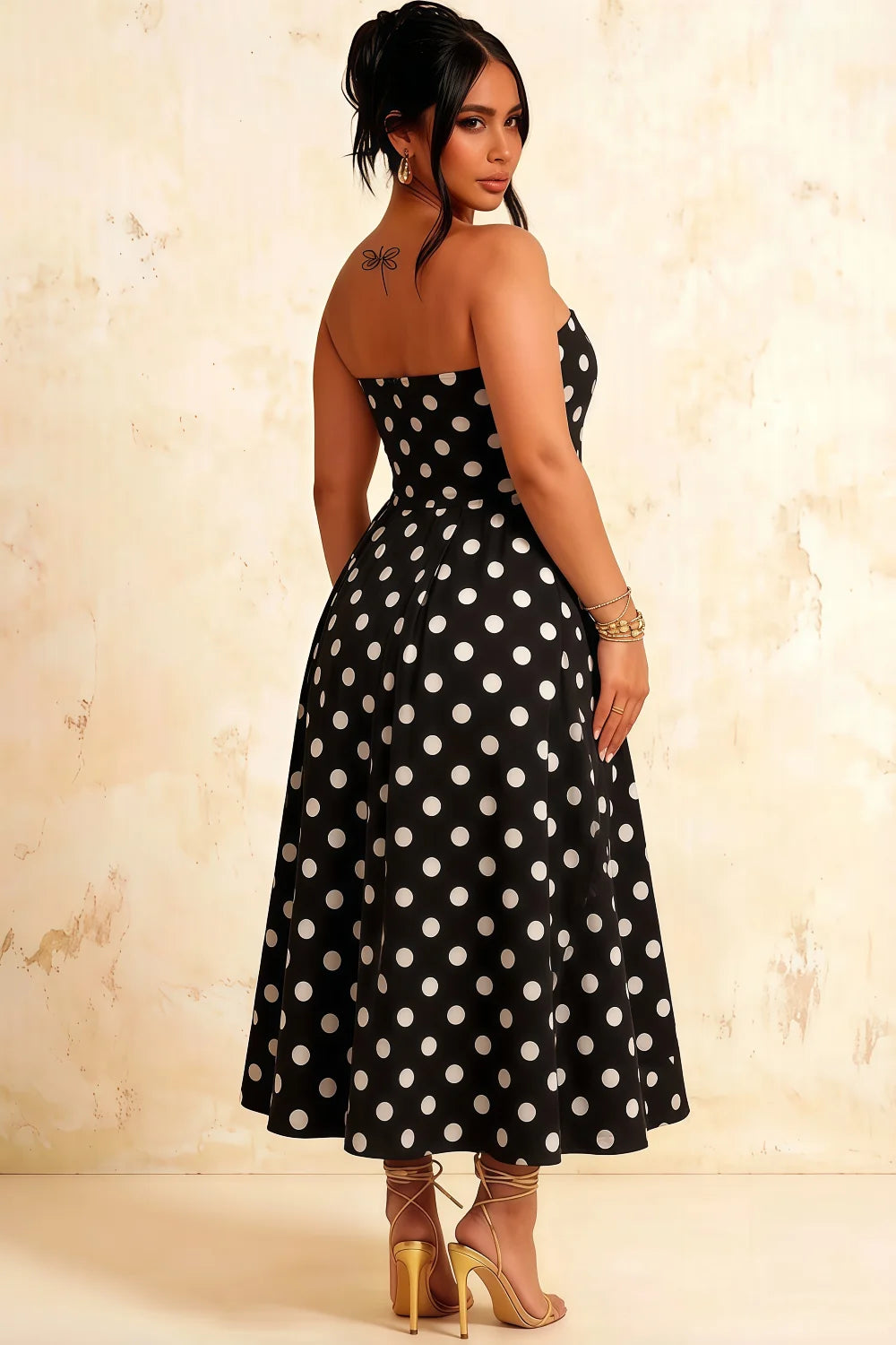 Gwen Black Polka Dot Tate Strapless Midi Dress