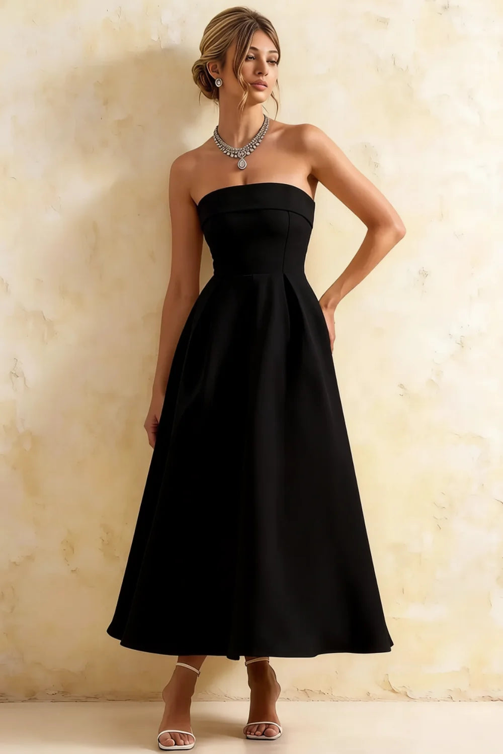 Gwen Black Strapless Midi Dress | Elegant Pleated Evening Gown Main image