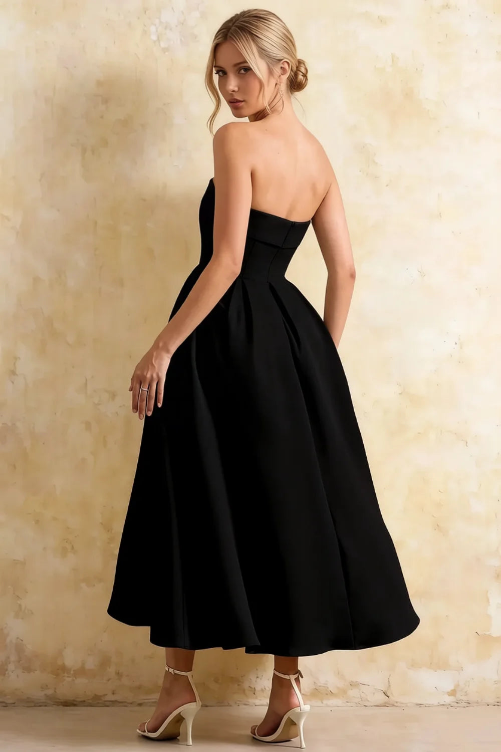 Gwen Black Strapless Midi Dress | Elegant Pleated Evening Gown