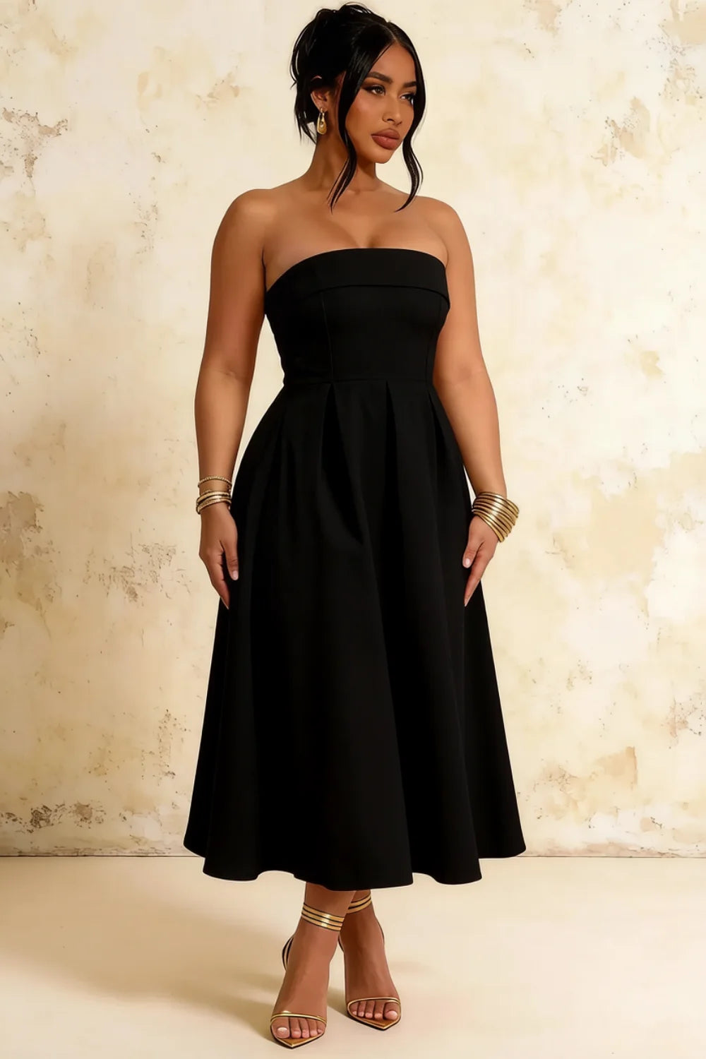 Gwen Black Strapless Midi Dress | Elegant Pleated Evening Gown
