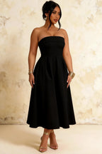 Gwen Black Strapless Midi Dress | Elegant Pleated Evening Gown