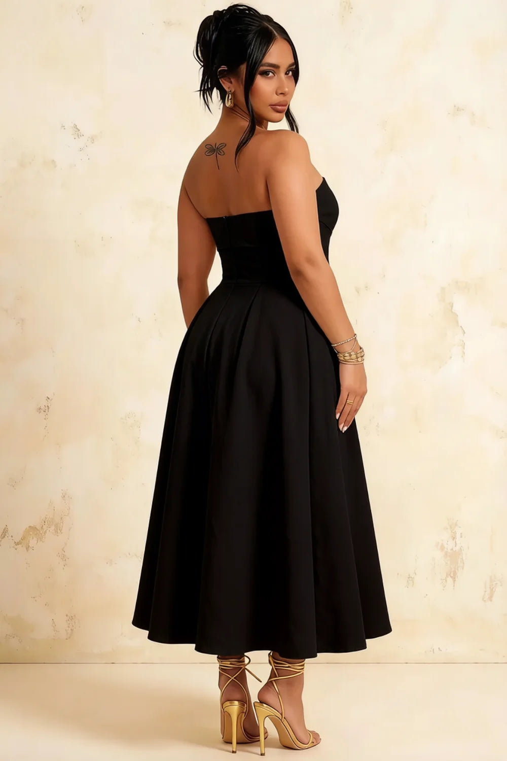 Gwen Black Strapless Midi Dress | Elegant Pleated Evening Gown