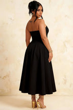 Gwen Black Strapless Midi Dress | Elegant Pleated Evening Gown