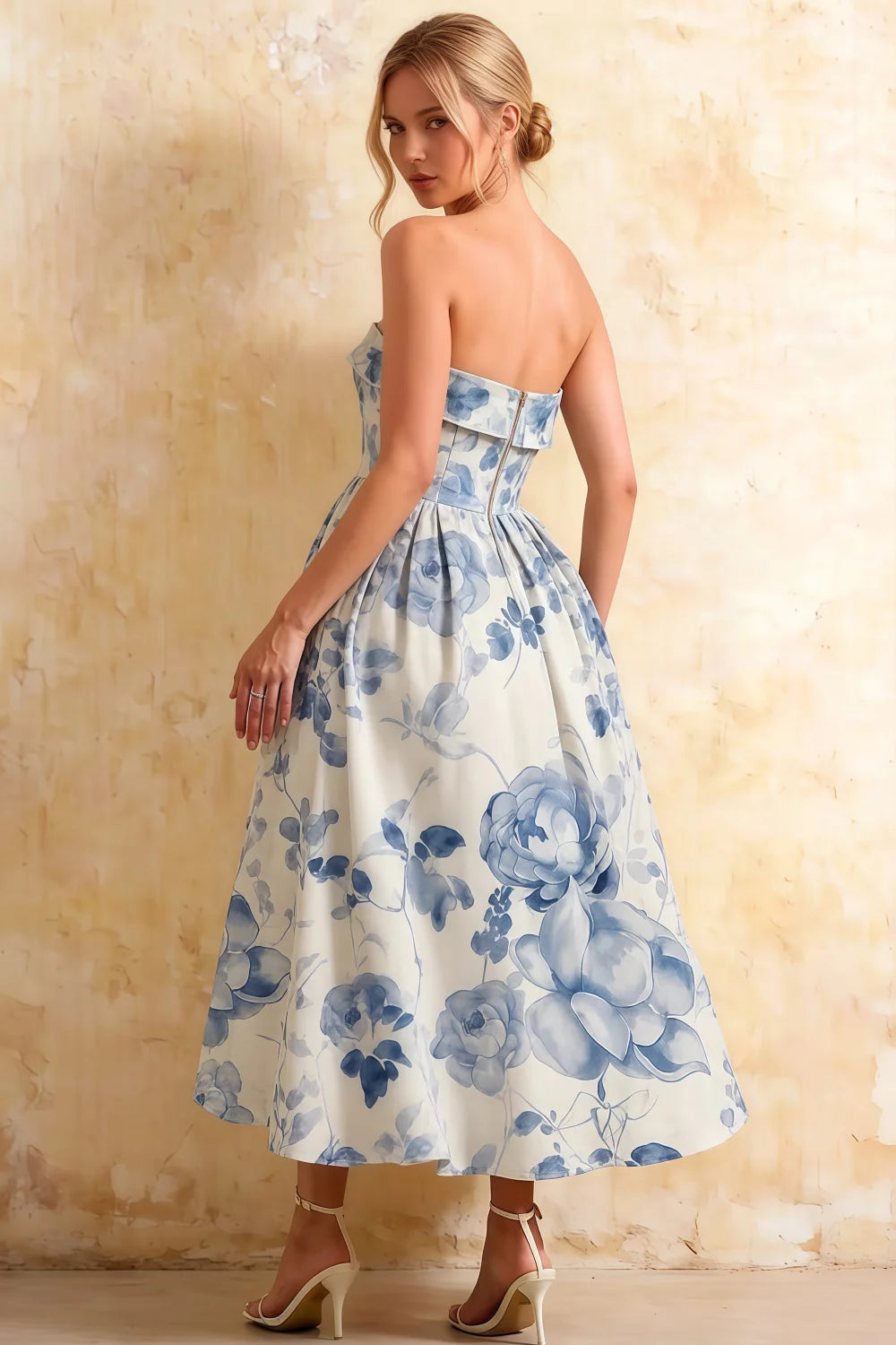 Gwen Blue and White Floral Angel Strapless Midi Dress