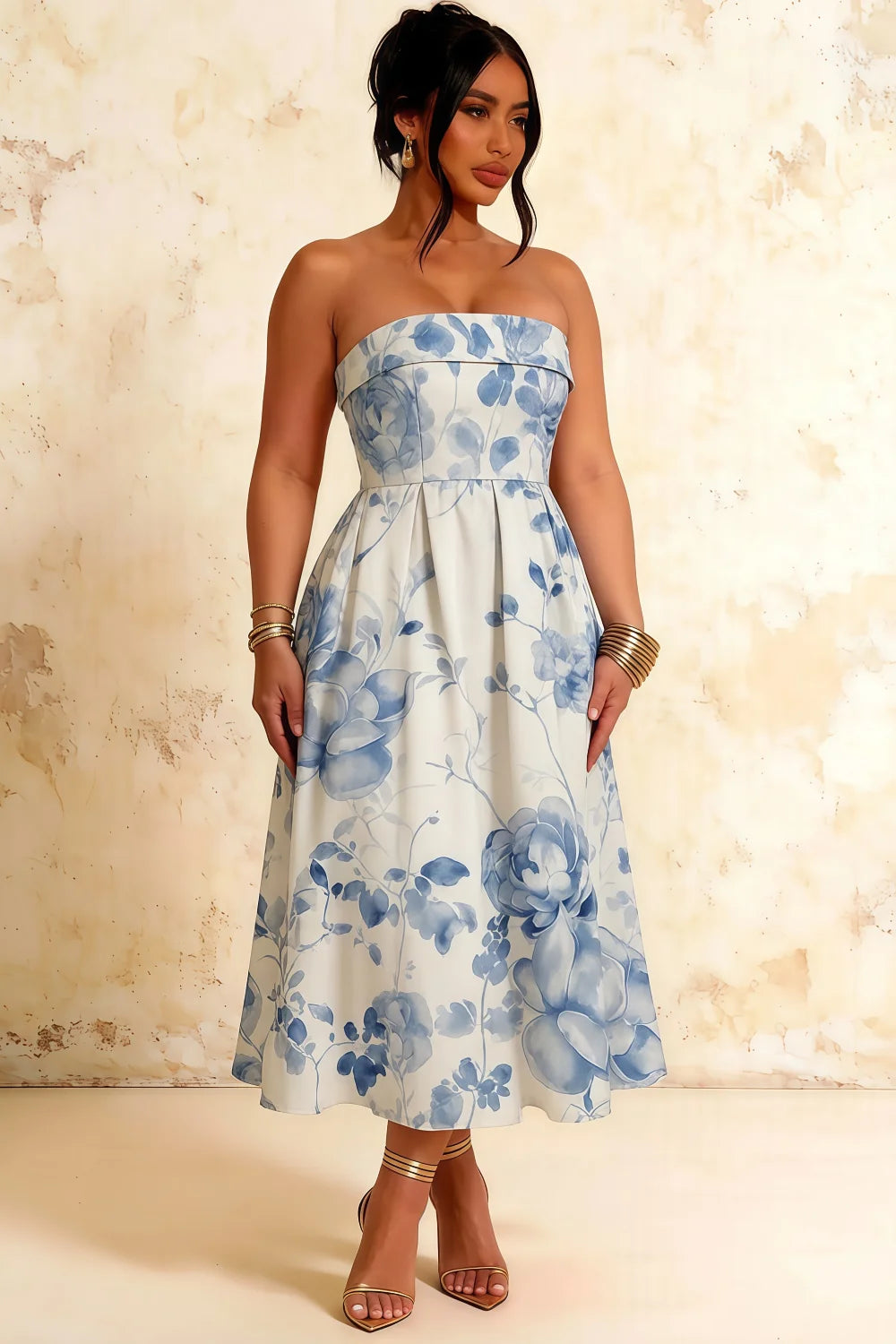 Gwen Blue and White Floral Angel Strapless Midi Dress