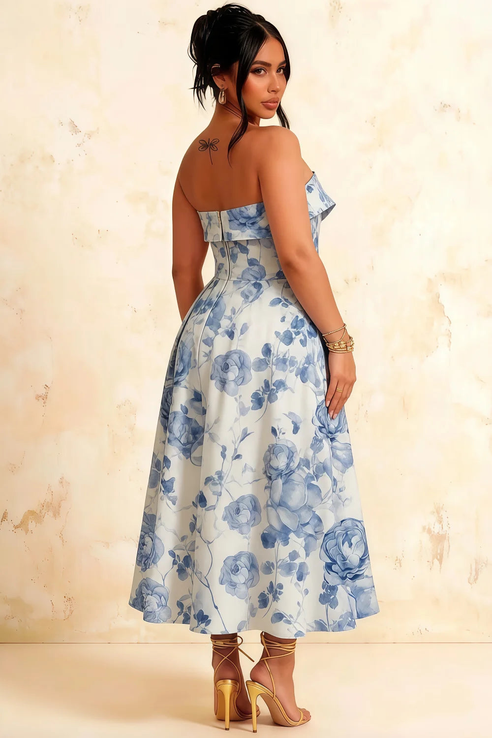 Gwen Blue and White Floral Angel Strapless Midi Dress