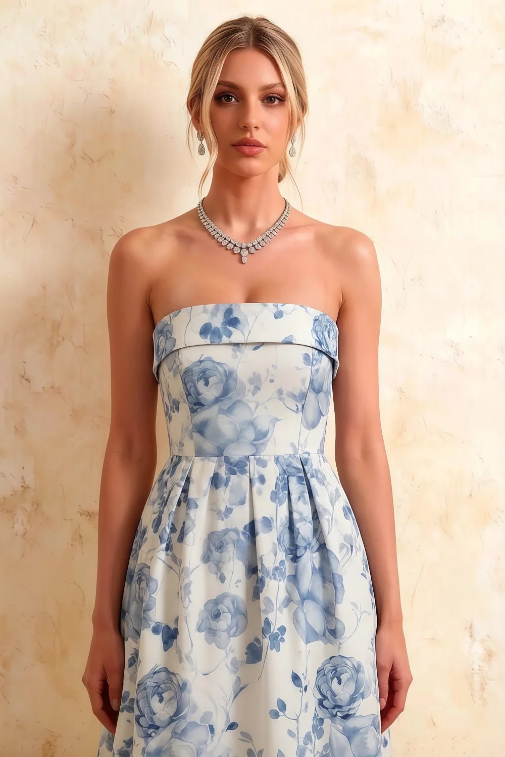 Gwen Blue and White Floral Angel Strapless Midi Dress